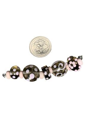 Handmade Pink & Gray Lampwork Glass Beads Polka Dot Swirl Pattern Jewelry Making